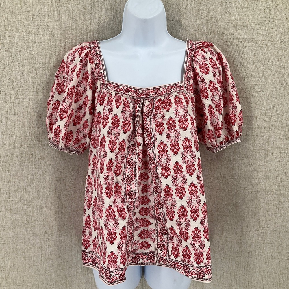 Max Studio Top Womens S Red Puff Sleeve Square Neck Paisley Boho Flowy Peasant